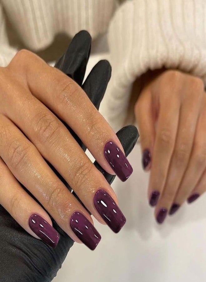 XCREANDO Plum Press On Nails Medium Long Square, Xcreando Medium Coffin Nails Acrylic Press ons Glue on Nails Long Length, Solid Color Fake Nail for Women, Natural Thick Artificial Nail Stick on - Image 2
